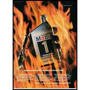 1989 Mobil 1 One Motor Oil Vintage Print Ad Flames Fireproof Glove Wall Art